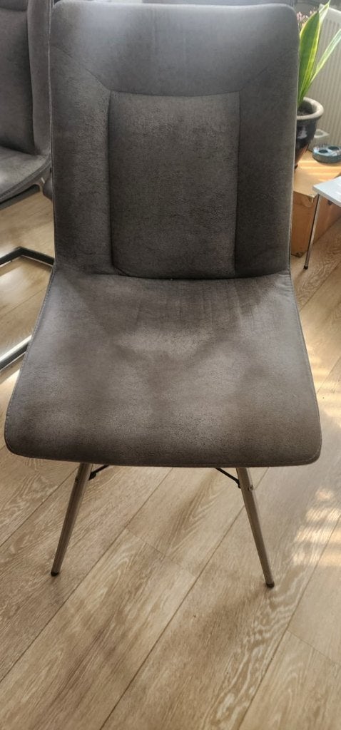 Moderne eetkamerstoelen - Grijs stof met metalen poten, Ophalen, Zo goed als nieuw, Metaal, Vier