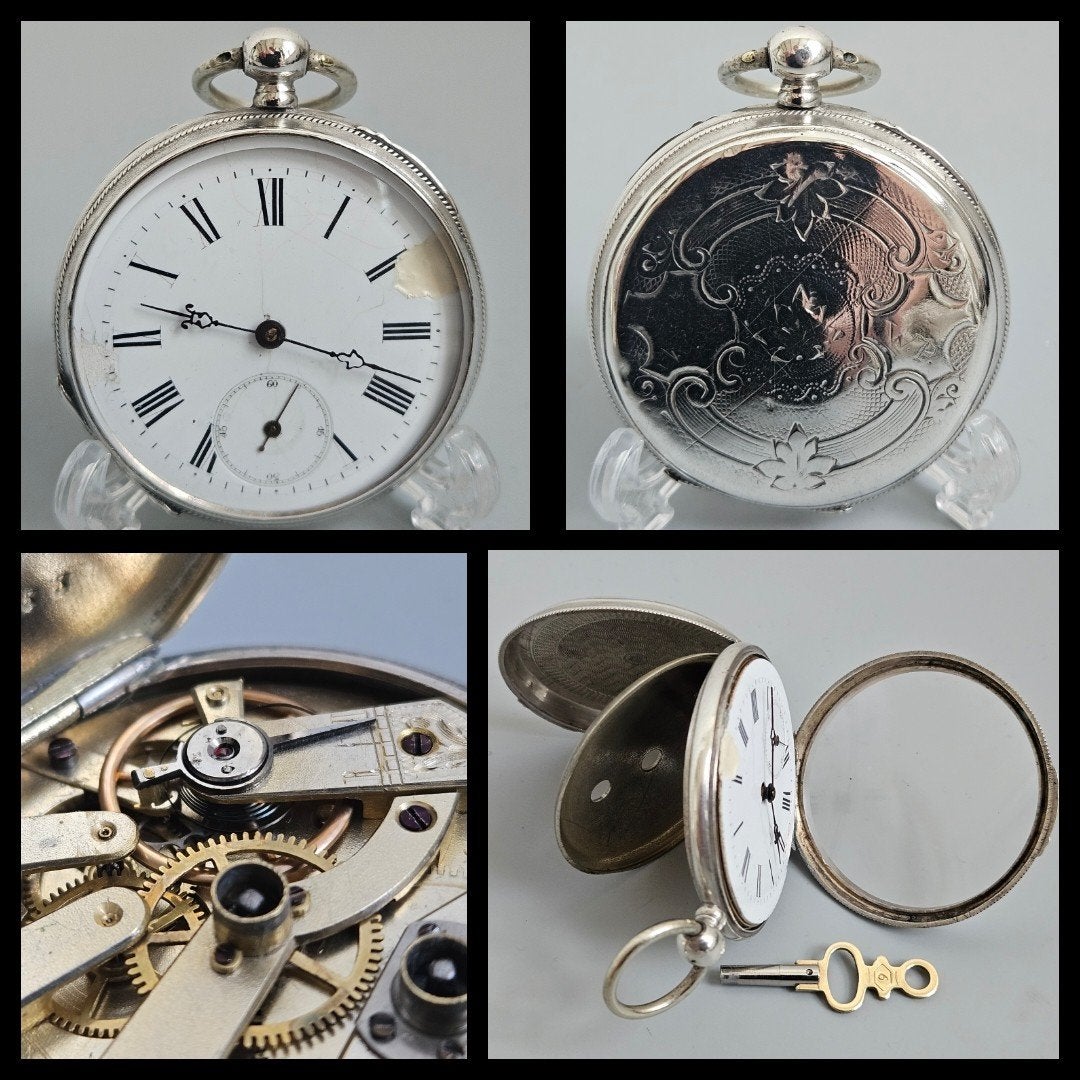 Antiek zilver,  heren zakhorloge met sleutelopwinding, loopt, Antiek en Kunst, Ophalen of Verzenden, Zilver