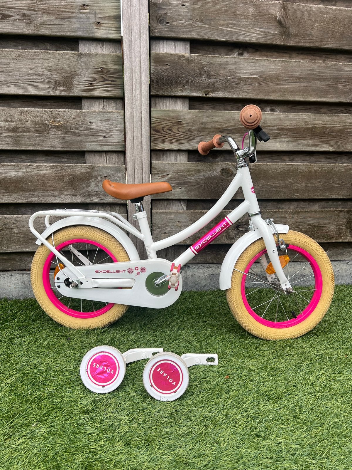 Volare Excellent kinderfiets 14 inch - Wit/Roze, Ophalen, Zijwieltjes, Gebruikt, Velgrem