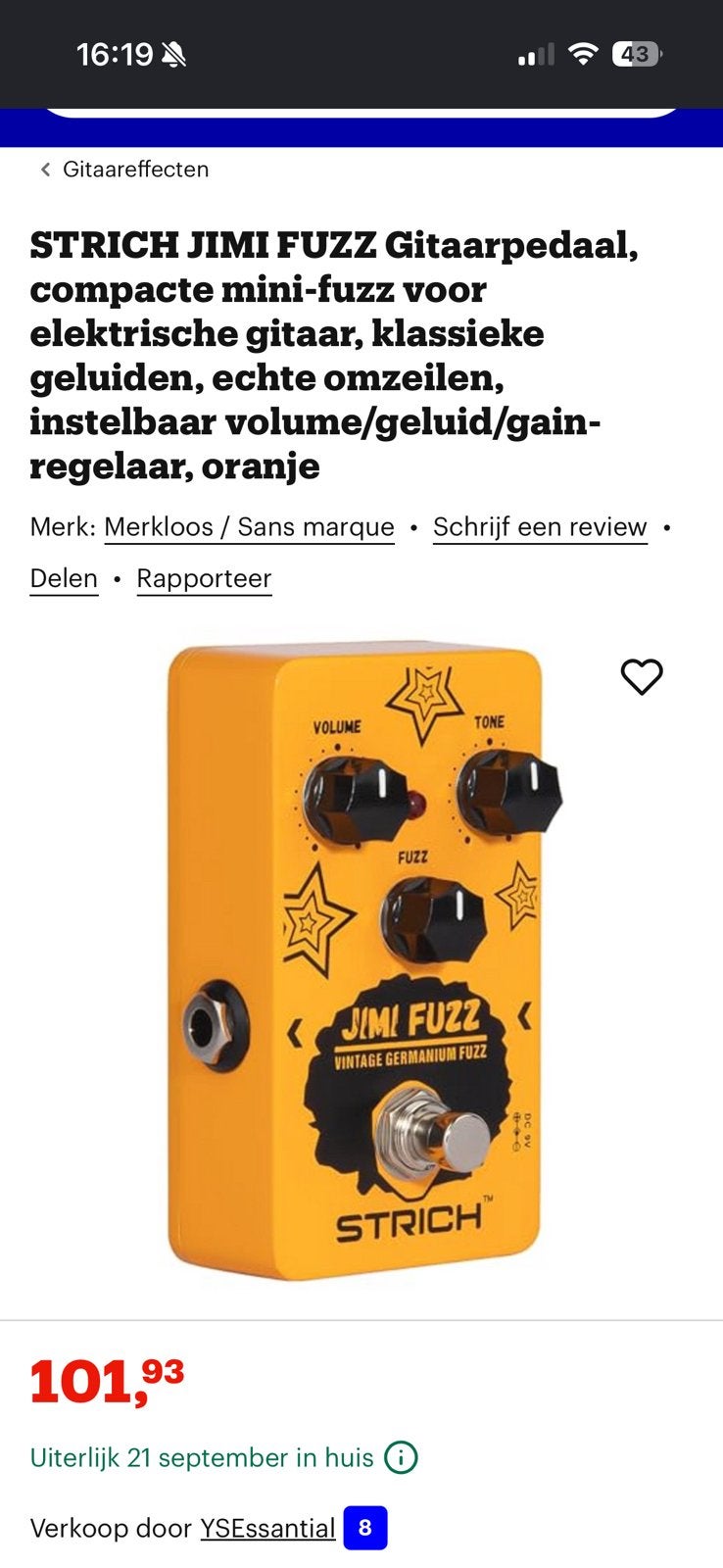 Strich Jimi Fuzz Vintage Germanium Fuzz gitaarpedaal, Ophalen of Verzenden, Zo goed als nieuw, Distortion, Overdrive of Fuzz