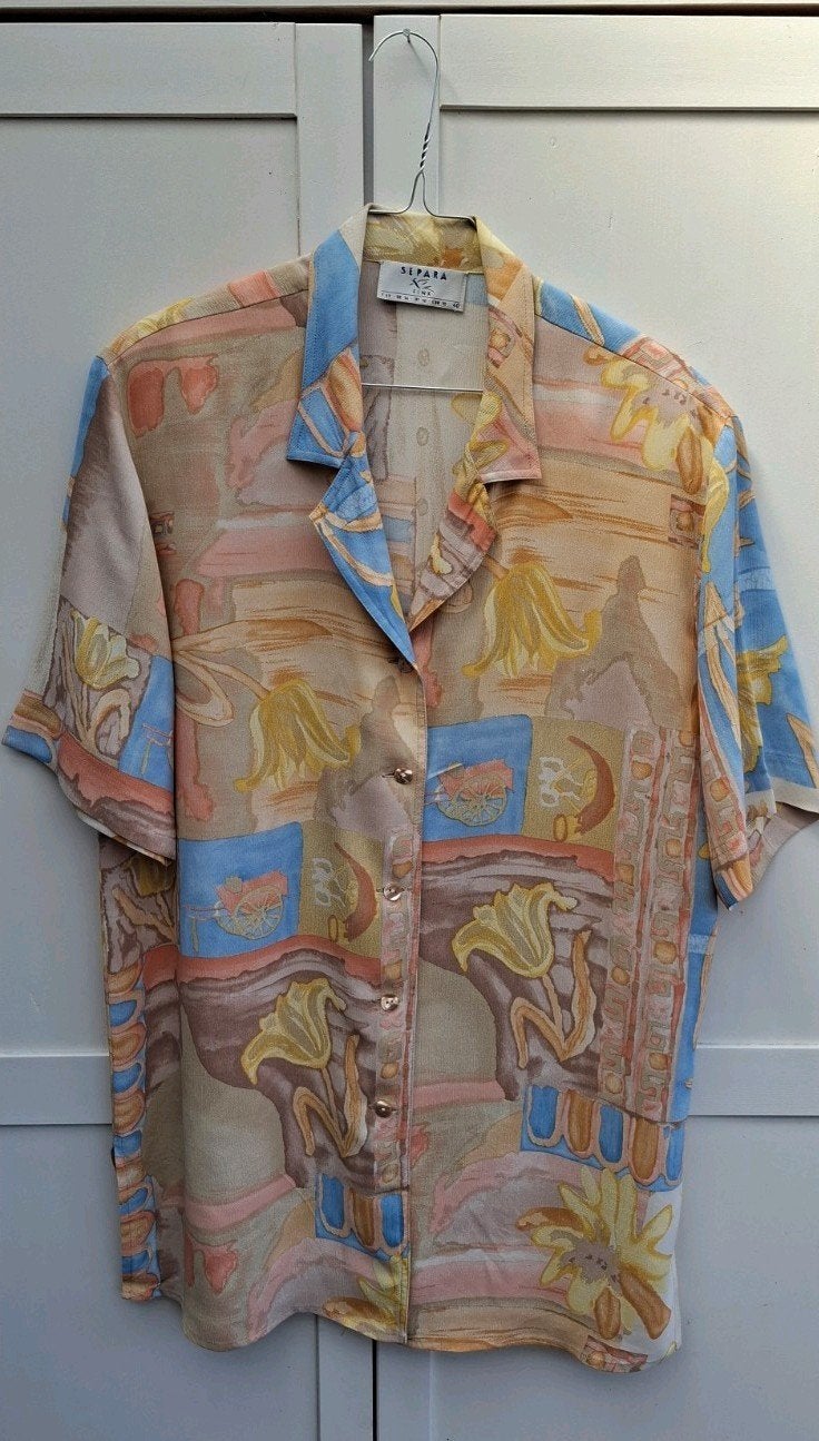 Vintage blouse, maat 40/L - blauw/ geel - patroon - 90's, Maat 38/40 (M), ,, Oranje, Ophalen of Verzenden