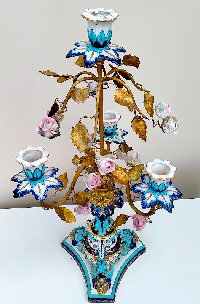 Antiek Frans Porseleinen & Verguld Bronzen Kandelaar - 52CM, Antiek en Kunst, Antiek | Porselein, Ophalen of Verzenden