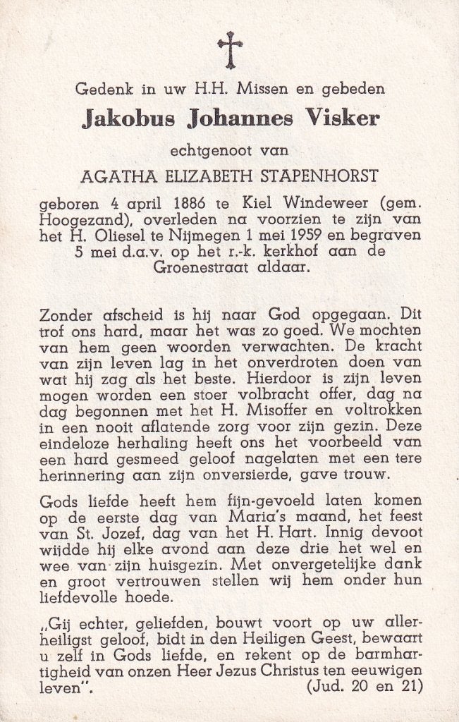 Visker Jacobus 1886 Kiel Windeweer 1959 Nijmegen, Ophalen of Verzenden, Bidprentje
