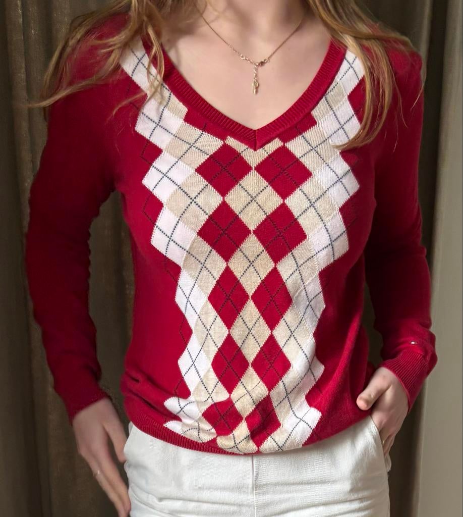 Tommy Hilfiger Argyle V-hals Trui - Rood maat S, Ophalen of Verzenden, Zo goed als nieuw, Maat 36 (S), Rood
