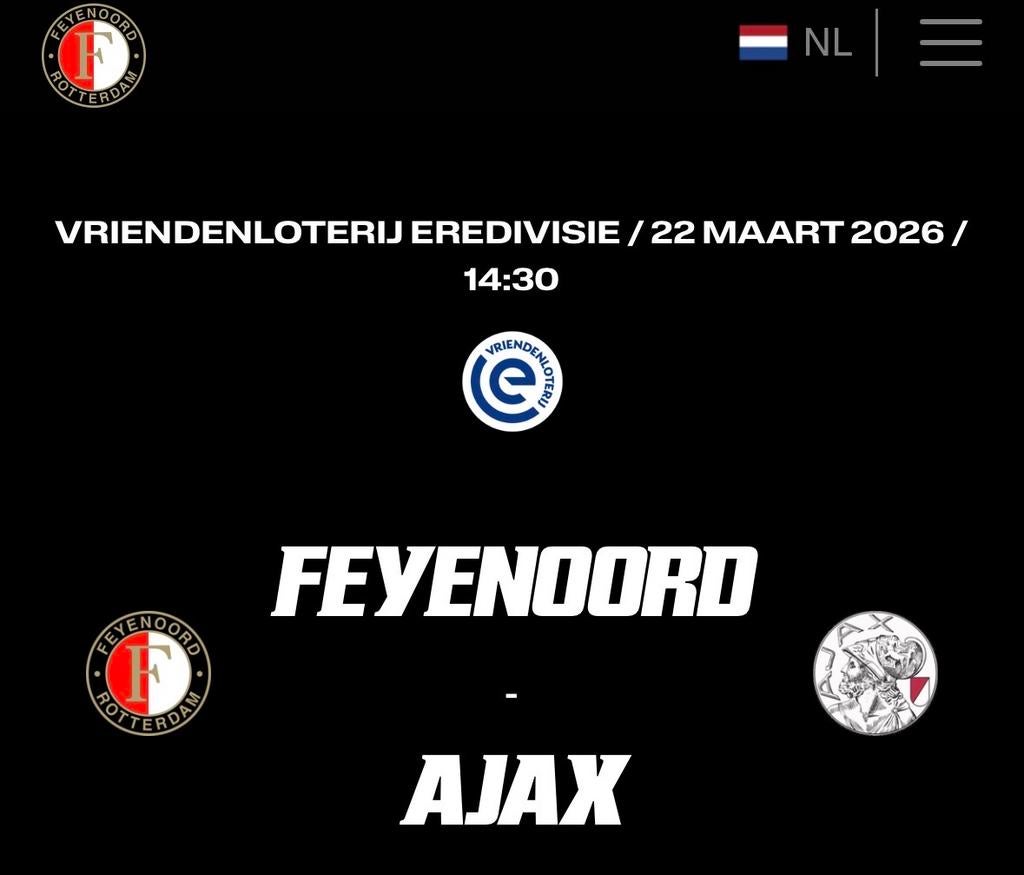 2 kaarten vak Y2 feyenoord ajax de klassieker, Tickets en Kaartjes, Losse kaart, Twee personen, Maart