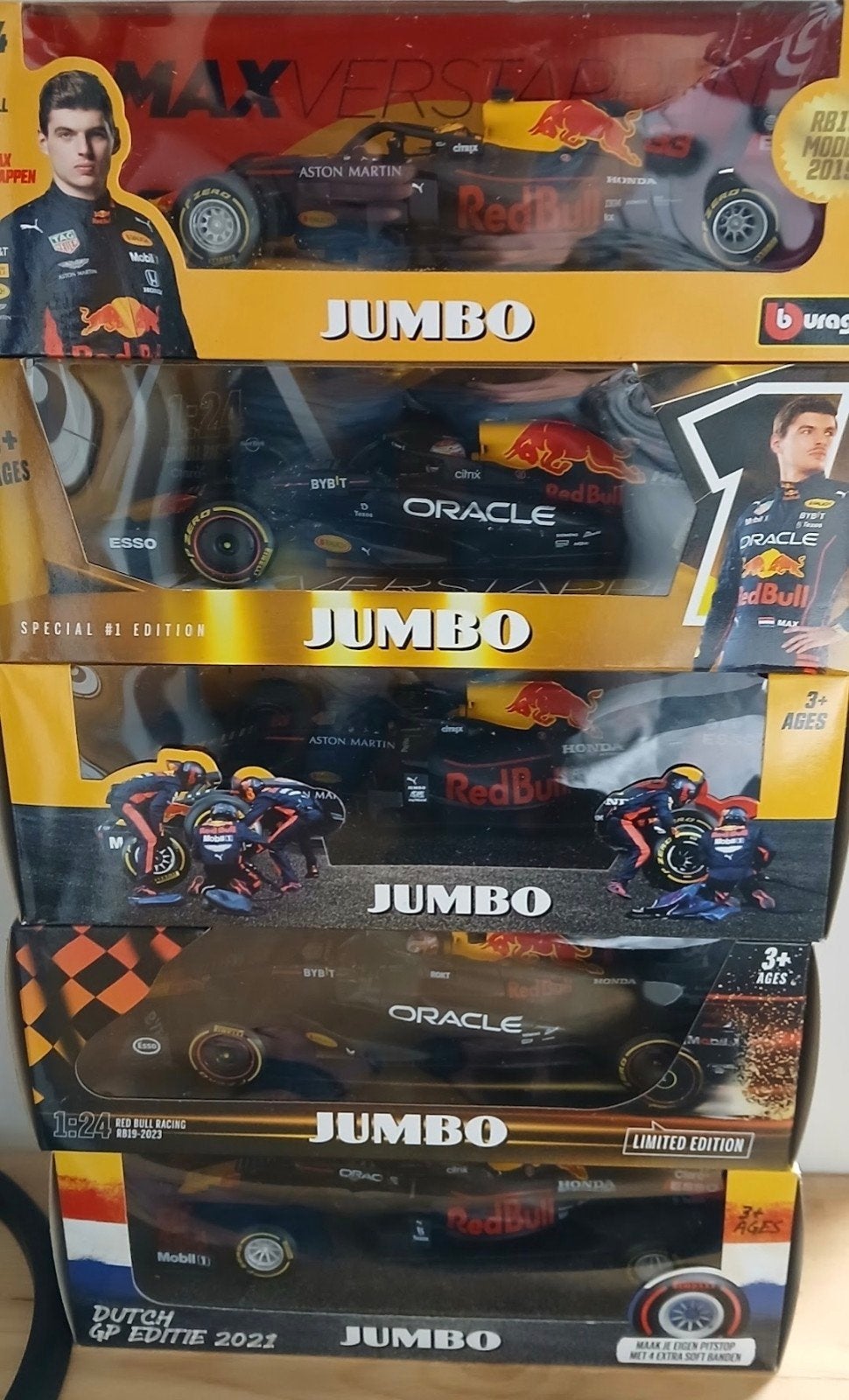 5x Max Verstappen F1 auto's in doos - Jumbo edities, Ophalen, Nieuw, Auto