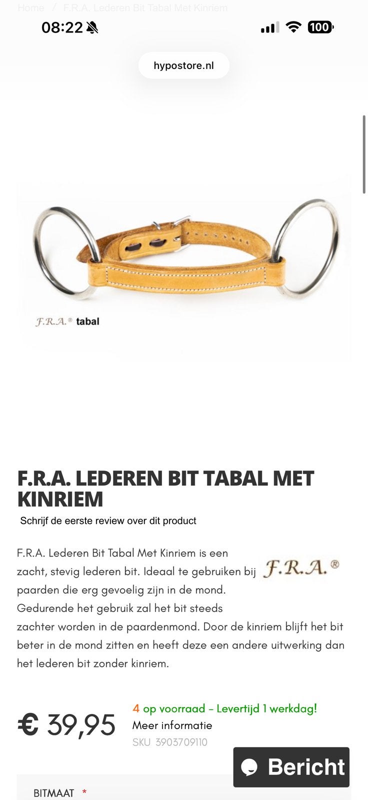 Fra leren bit 12,5, Dieren en Toebehoren, Ophalen of Verzenden, Zo goed als nieuw, Recreatie