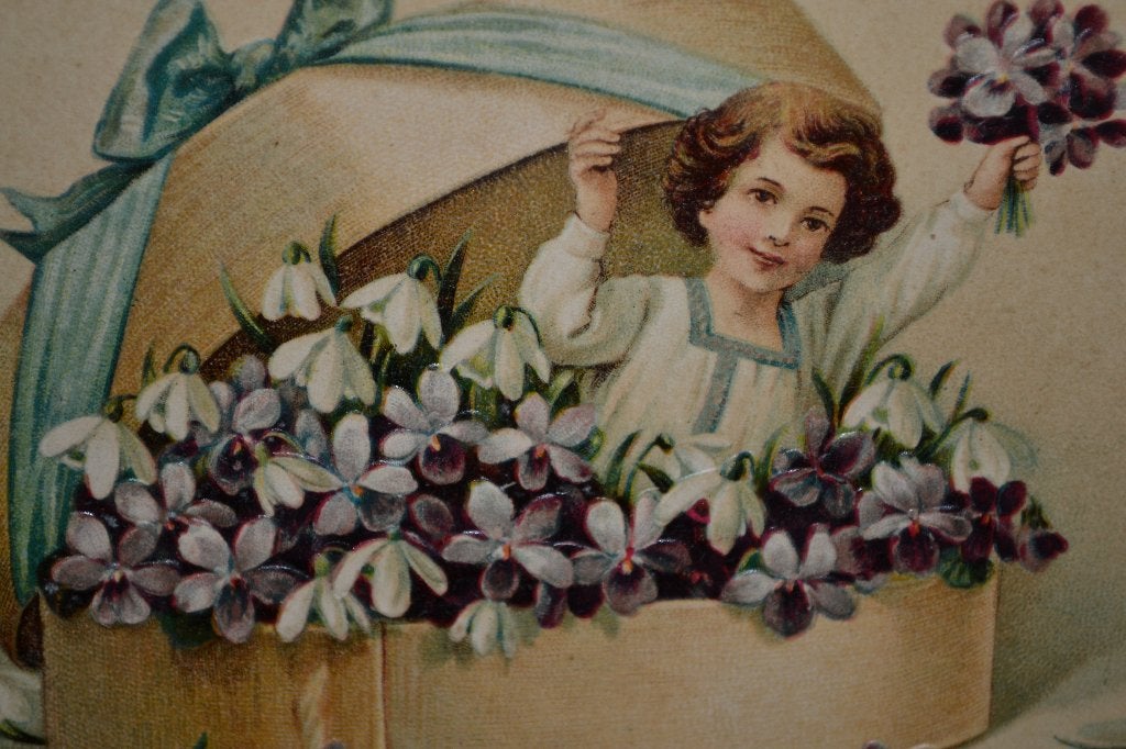 belgie relief 1908 meisje in doos sneeuwklokjes viooltjes, Ophalen of Verzenden, Voor 1920, Gelopen, Sterren en Beroemdheden
