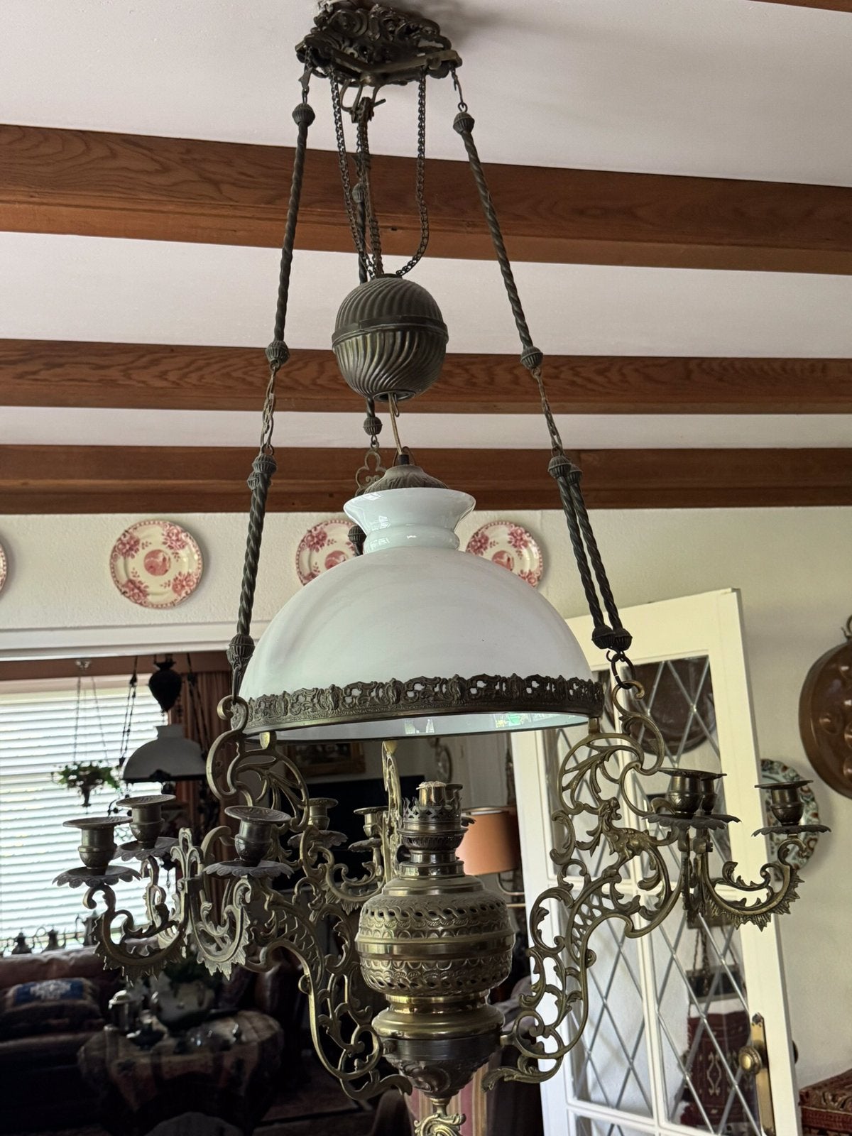 Antieke koperen hanglamp olielamp, Ophalen