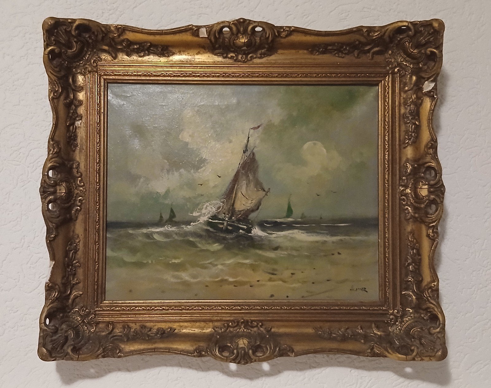 Oud schilderij bomschuit gesigneerd, Ophalen of Verzenden