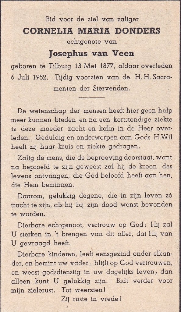 Donders Cornelia 1877 Tilburg 1952, Ophalen of Verzenden, Bidprentje