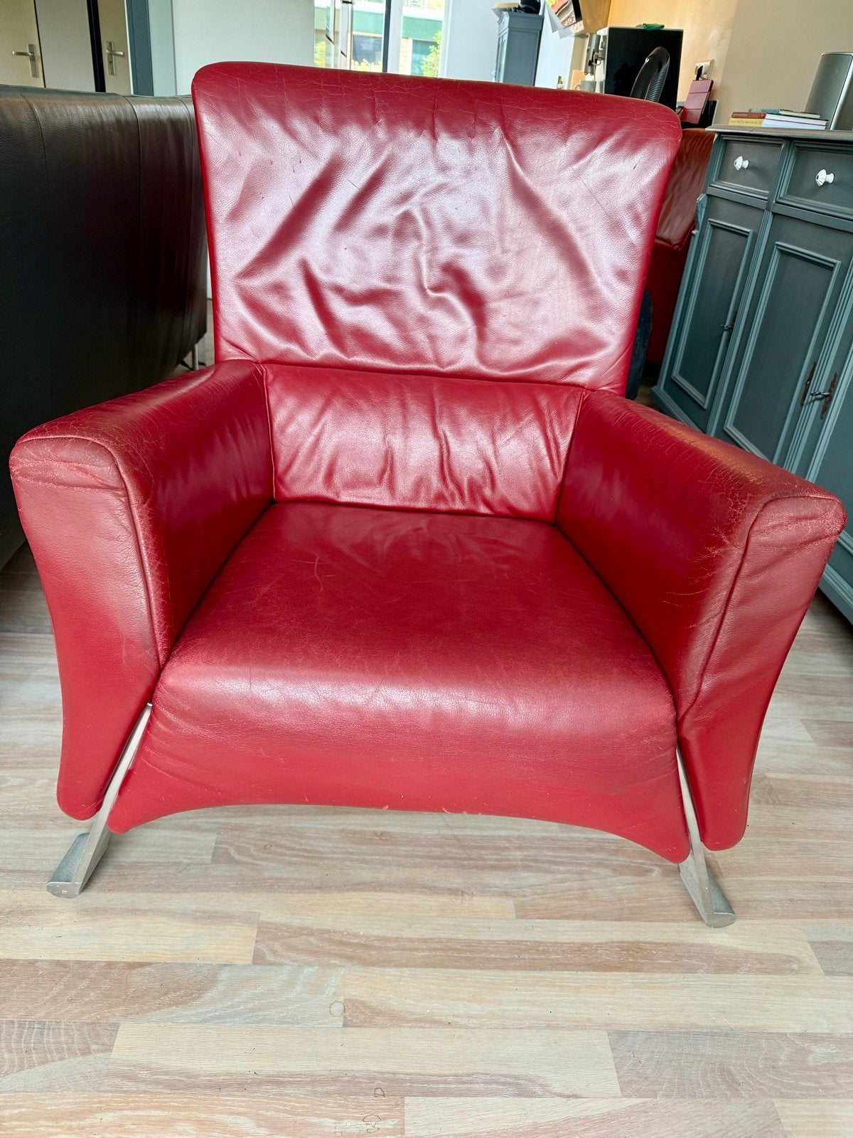 Rolf Benz Fauteuil - Rood Leer, Ophalen of Verzenden, Gebruikt, Leer, 75 tot 100 cm