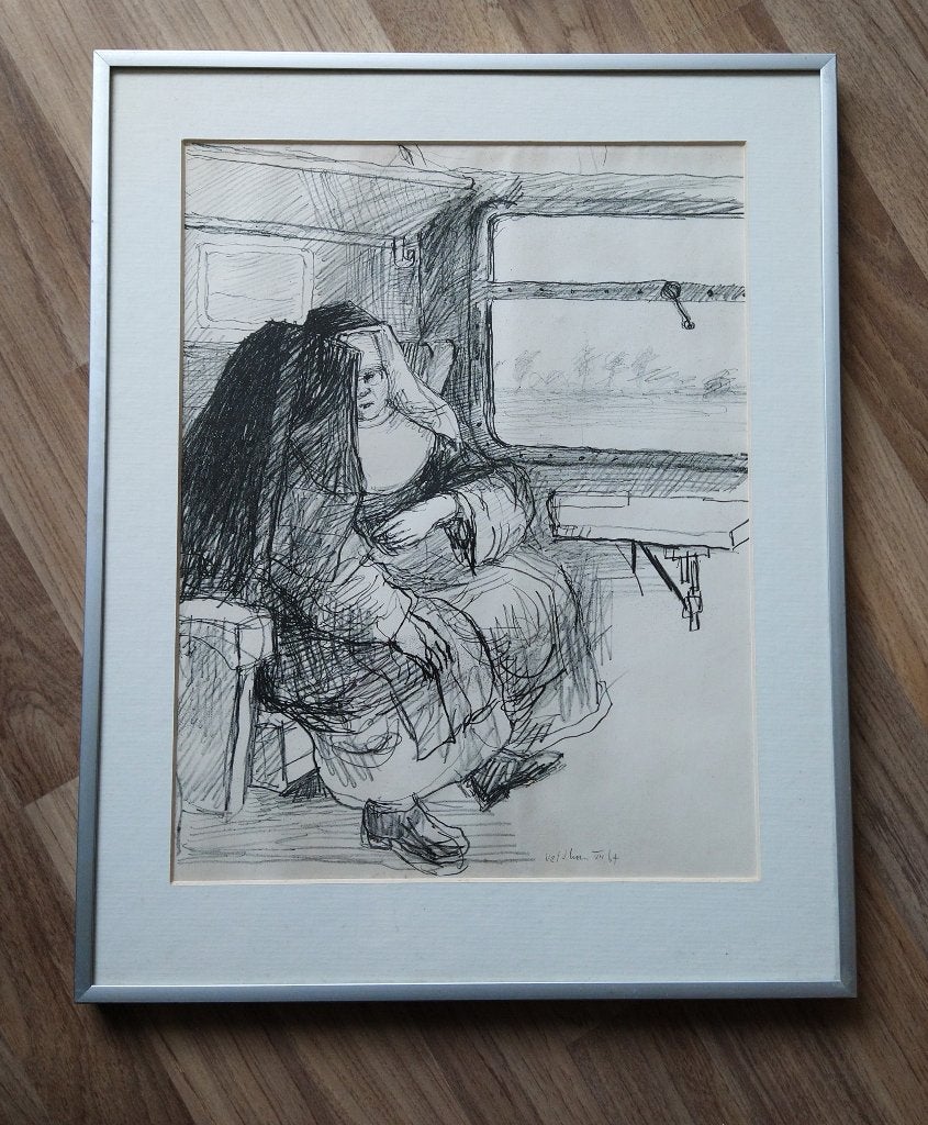 Aat Veldhoen Litho  Rotaprint - 2 nonnen in de trein, Portret en Figuren, Gesigneerd, Ophalen of Verzenden, Lithografie
