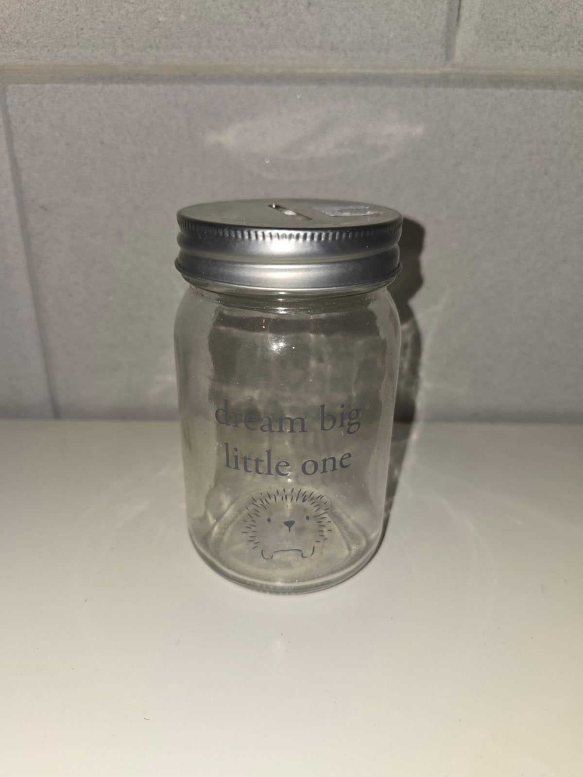 Glazen spaarpot met egel en tekst 'dream big little one', Ophalen of Verzenden
