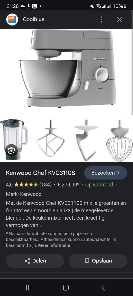 Kenwood Chef KVC3110S keukenmachine + blender, 4 liter of meer, Ophalen, Zo goed als nieuw, 3 snelheden of meer