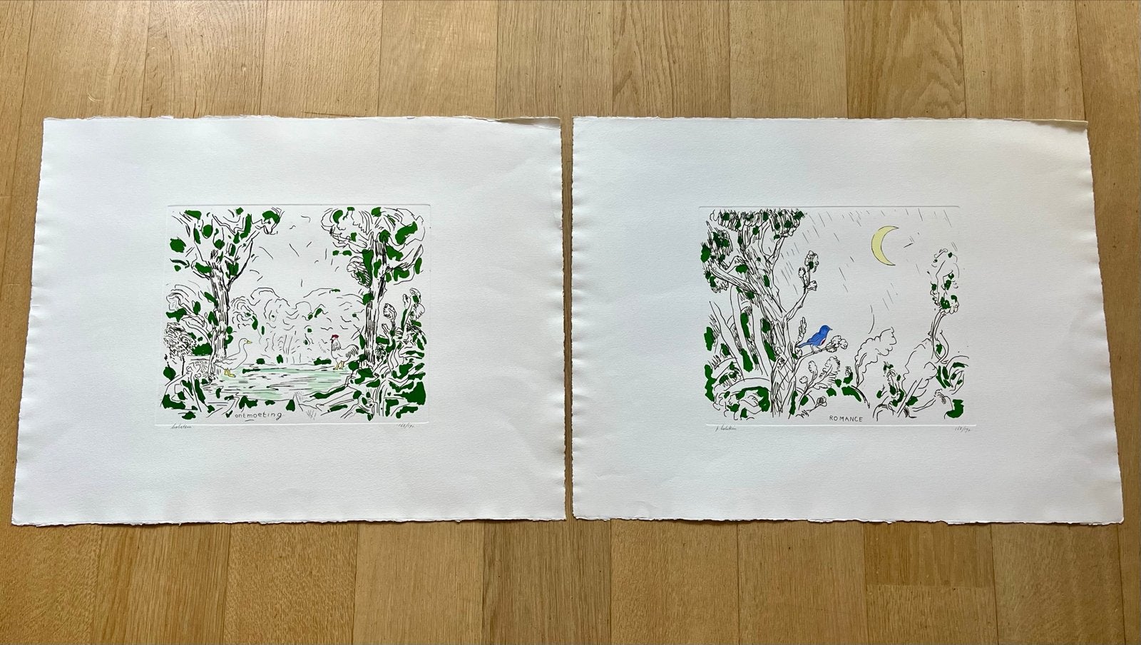 Set van 2 etsen: 'Ontmoeting' en 'Romance'. Pieter Holstein, Antiek en Kunst, Flora en Fauna, 50 cm, 1950 - 1999, Genummerd