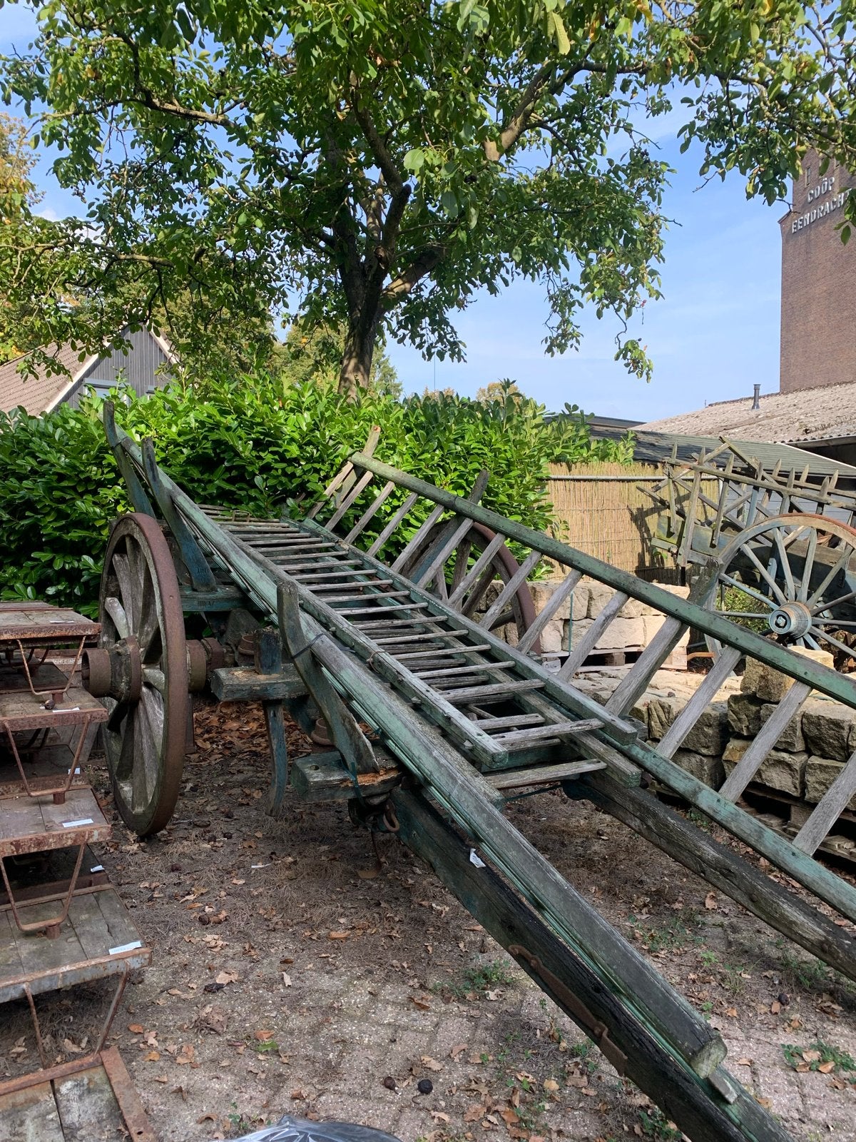Antieke houten Ladderwagen / Brandweerladder op wielen, Ophalen
