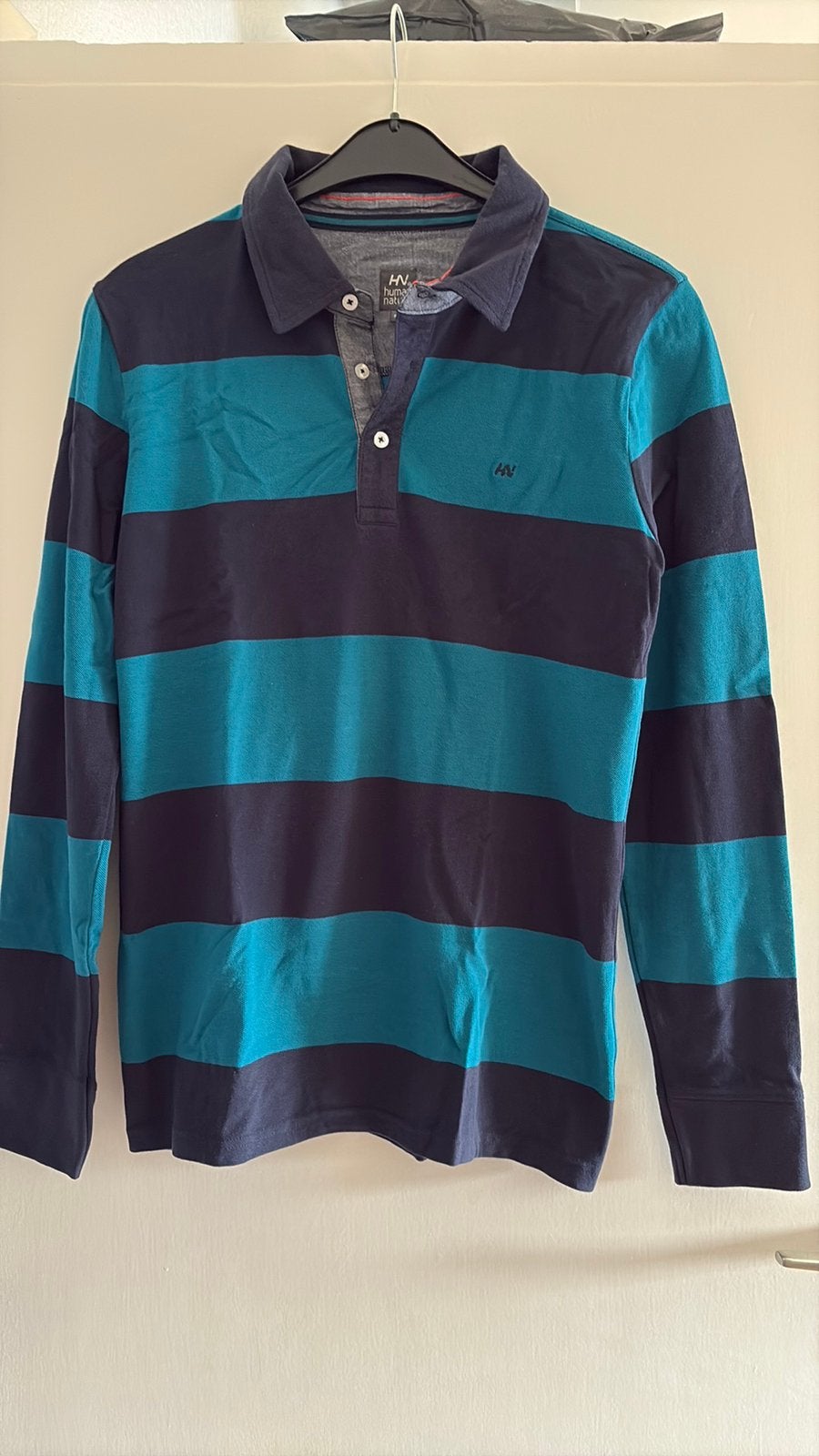 HUMAN NATURE POLO MAAT M. BLAUW MET GROEN, Ophalen of Verzenden, Zo goed als nieuw, Maat 52/54 (L), Blauw