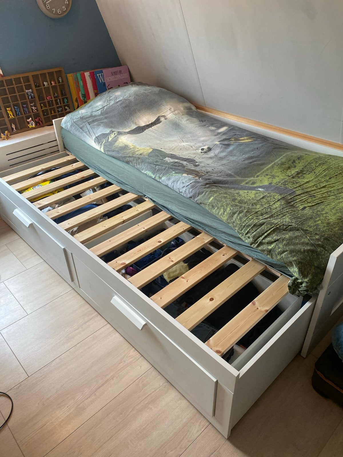 IKEA BRIMNES Bedbank met 2 lades en 1 matras, Ophalen, Gebruikt, Eenpersoons, Wit