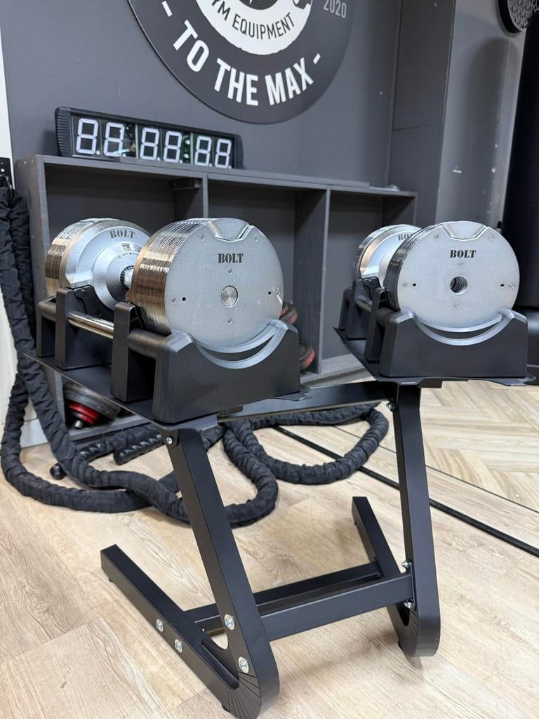 Verstelbare/Adjustable dumbell tot 32,5 kilo incl standaard, Sport en Fitness, Fitnessmaterialen, Nieuw, Dumbbell, Ophalen of Verzenden