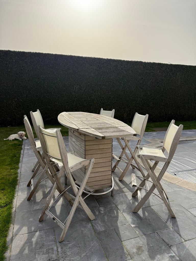 Teakhouten Buitenbar met 6 Krukken, Tuin en Terras, Ophalen, Gebruikt, Rechthoekig, Teakhout