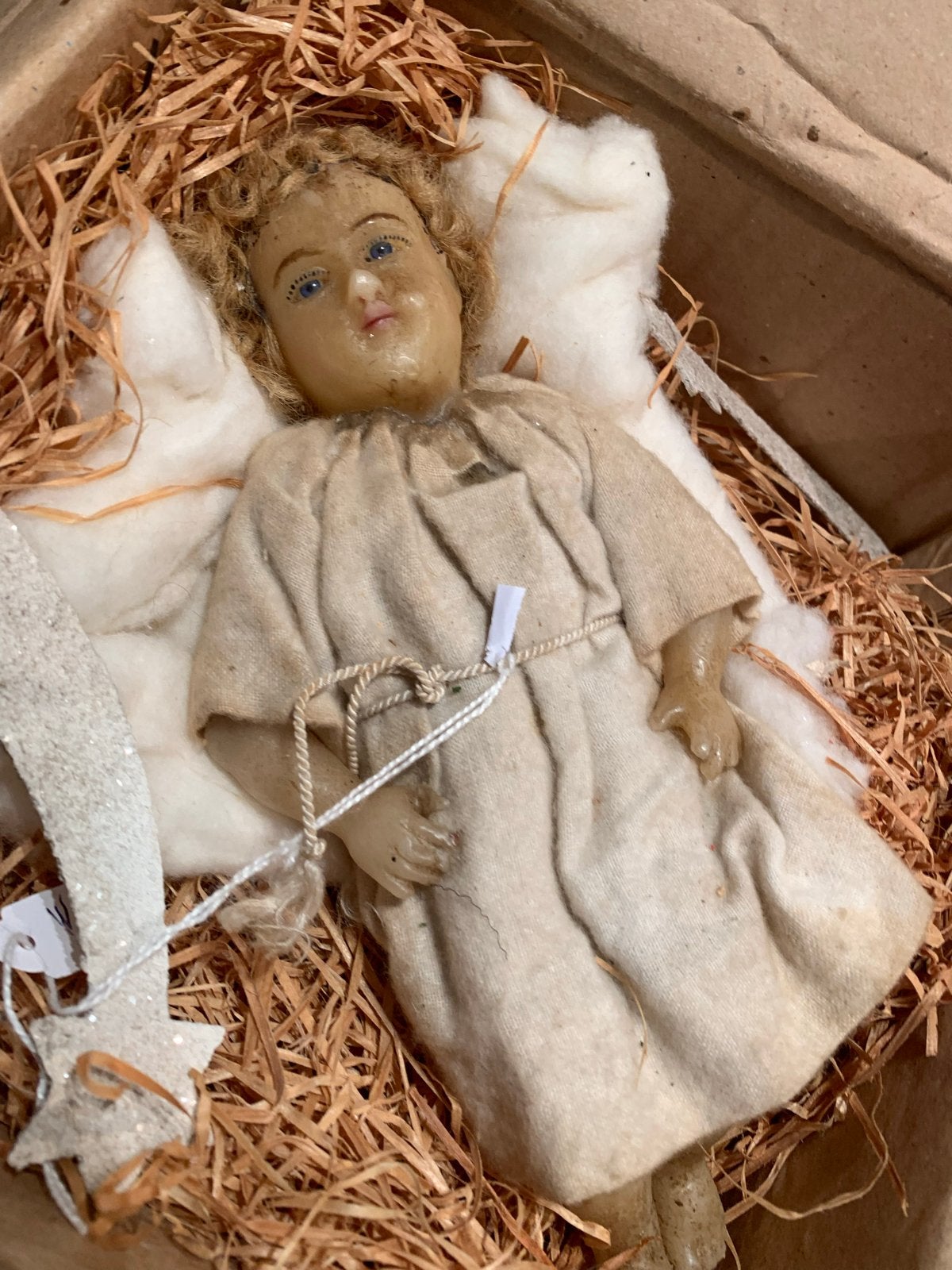 Antiek Wassen Kindje Jezus in Kribbe - Kerststal Decoratie, Antiek en Kunst, Antiek | Religie, Ophalen of Verzenden