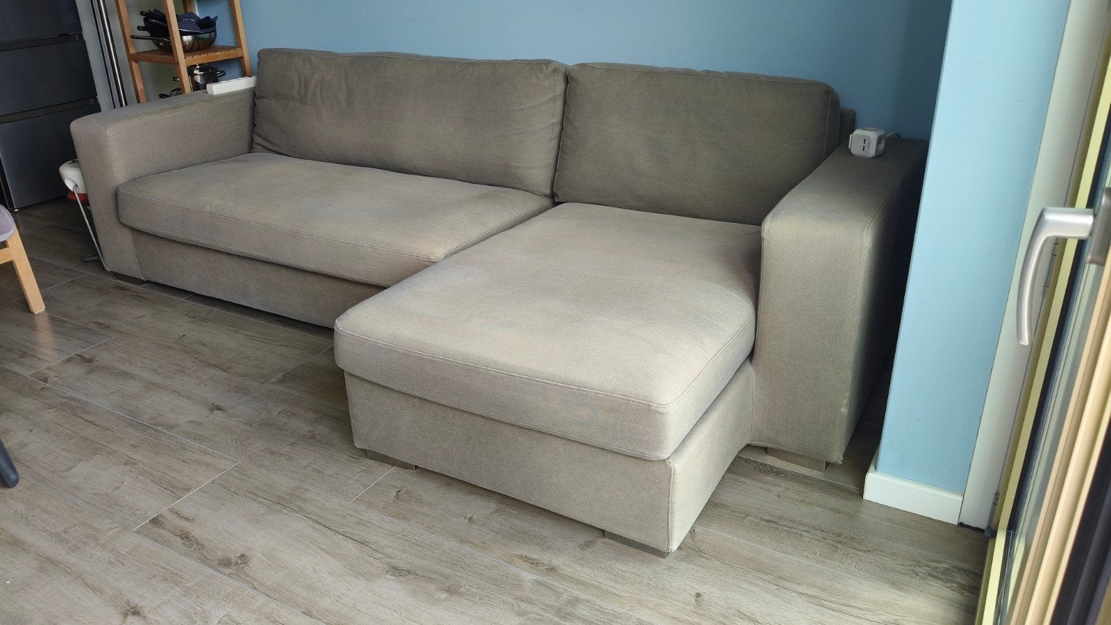 Lounge bank van Loods 5 grijs denim stof, Ophalen of Verzenden, Gebruikt, Stof