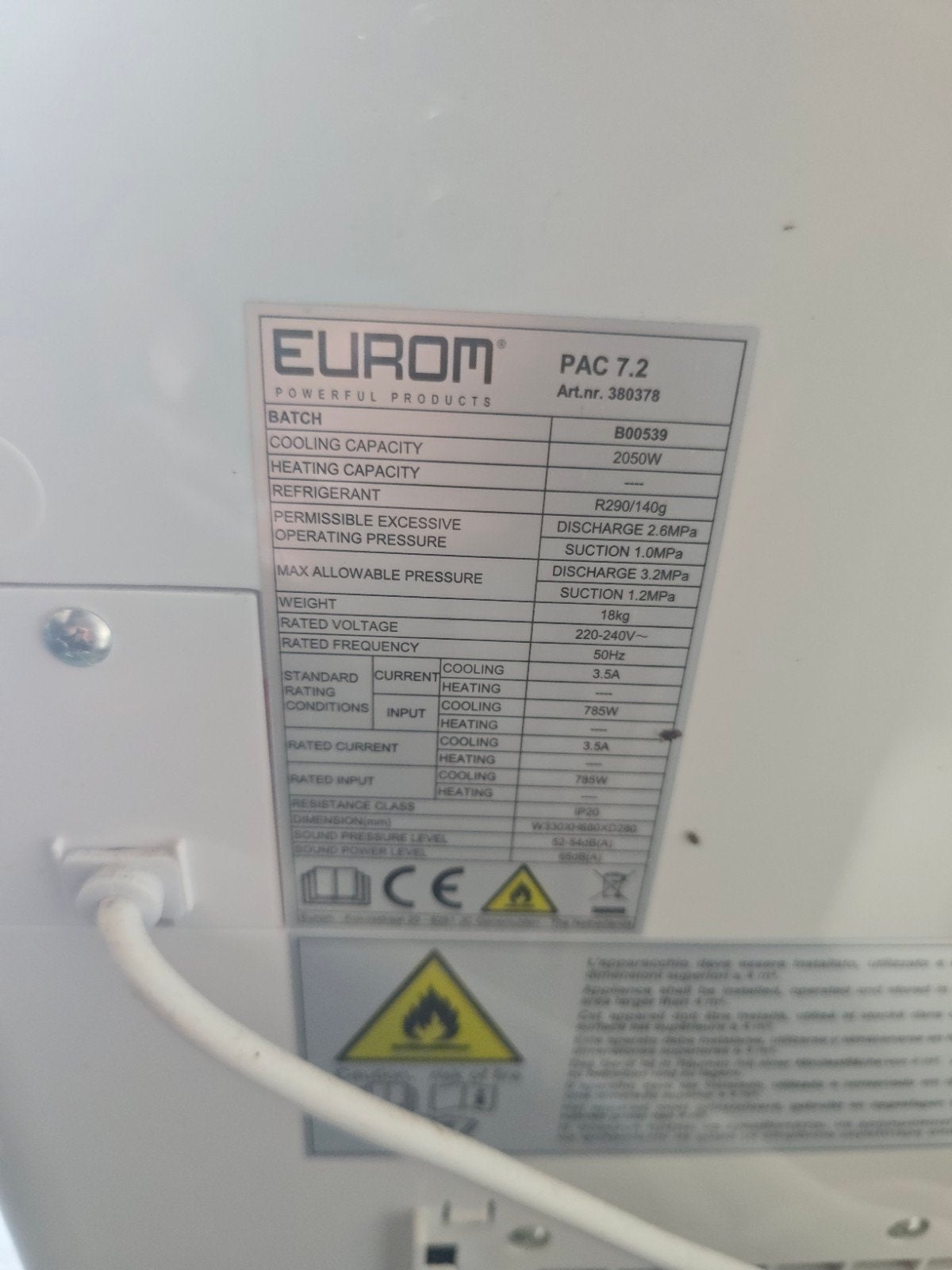 Eurom PAC 7.2 Mobiele Airco - Koelen en Ontvochtigen, Minder dan 60 m³, Timer, 3 snelheden of meer, Ophalen of Verzenden