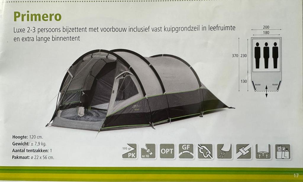 Bardani Primero 3-persoons tent z.g.a.n. De Wit Schijndel, Ophalen, Zo goed als nieuw, Tot en met 3