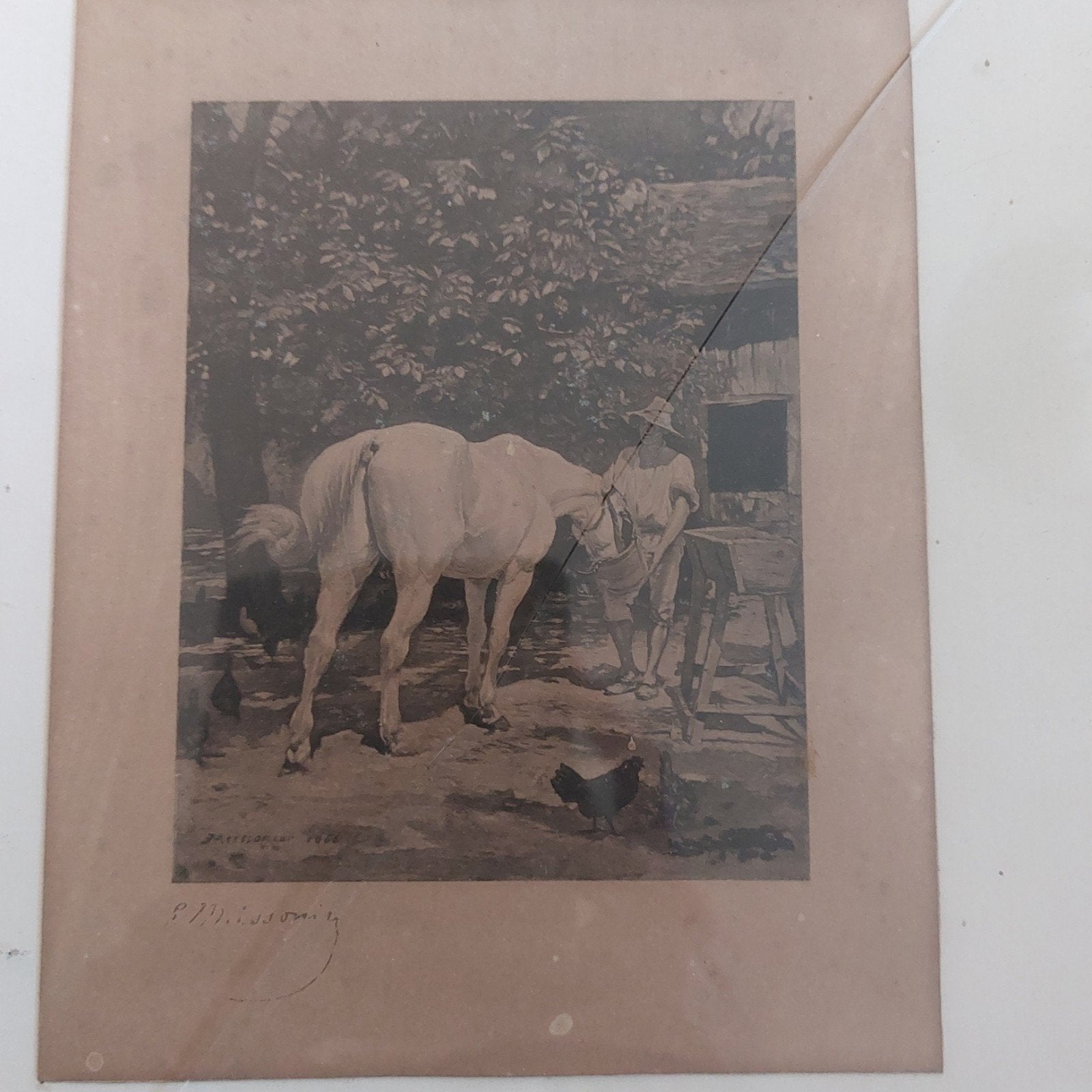 Antieke Prent: Paard en Boer, gesigneerd 1884, Ophalen of Verzenden, Prent, Gesigneerd