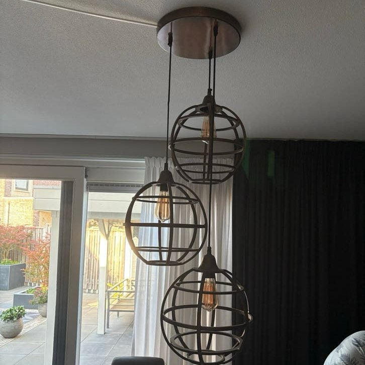 Hanglamp industrieel 3 bollen - Brons/Koper, Ophalen, Zo goed als nieuw, Metaal, E27 (groot)