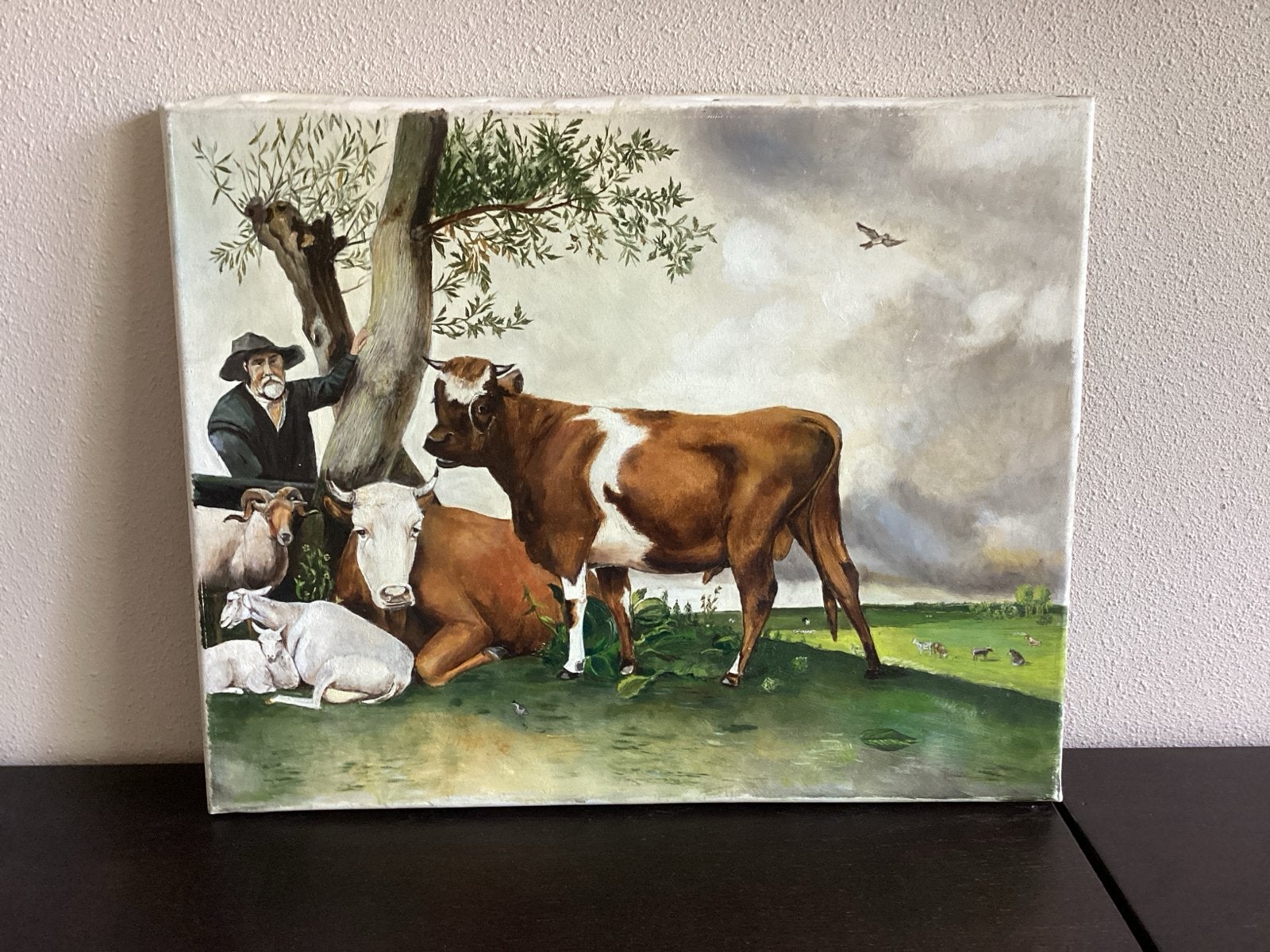 Schilderij 'De Stier' (naar Potter) - 50 x 40 cm, Doek, Realistisch, Dieren, Ophalen of Verzenden