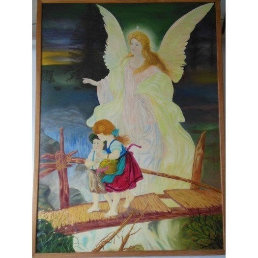 % Olieverf Schilderij van de Engelbewaarder Engel bewaarder, Antiek en Kunst, Ophalen, Olieverf, Overige onderwerpen