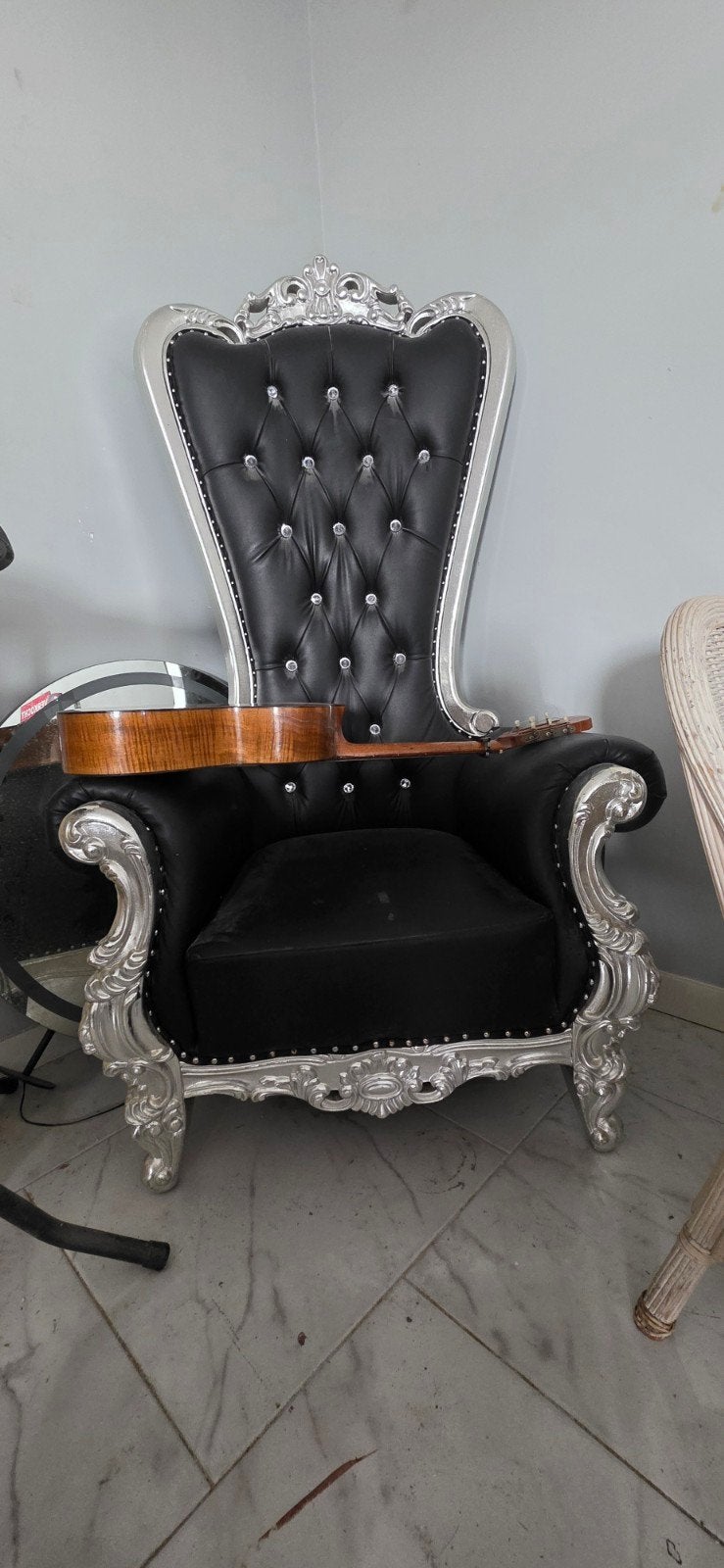 Barok Troon Fauteuil Zwart Zilver - Luxe Design Stoel, Ophalen, 75 tot 100 cm, Zo goed als nieuw, 75 tot 100 cm