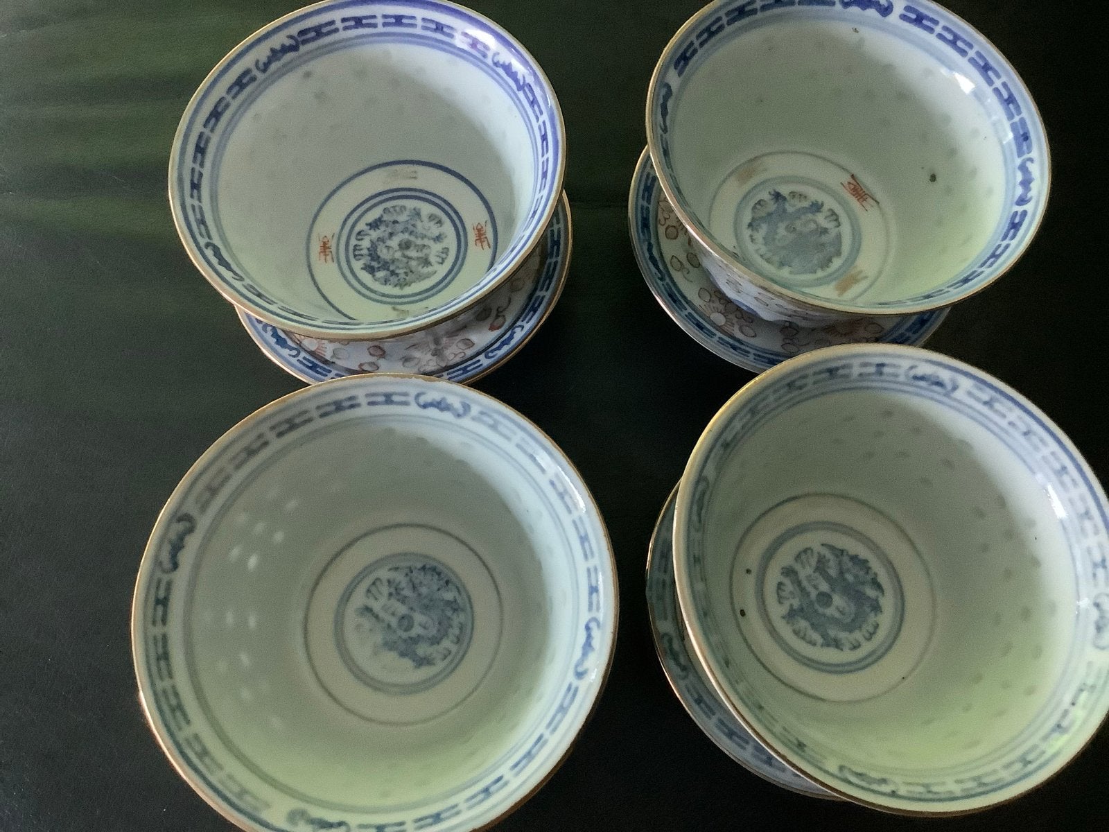 Set van 4 Chinese rijstkorrelkommen met schotels, Ophalen of Verzenden