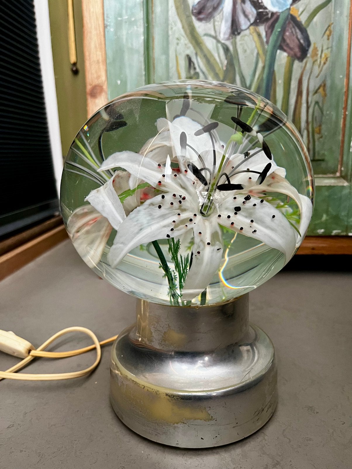 Vintage presse-papier glazen bol lamp met bloemen, Ophalen, Gebruikt, Vintage, 30 cm