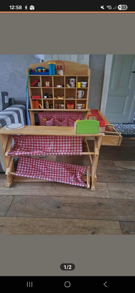 Houten speelgoedwinkeltje met geruite stof, Kinderen en Baby's, Ophalen