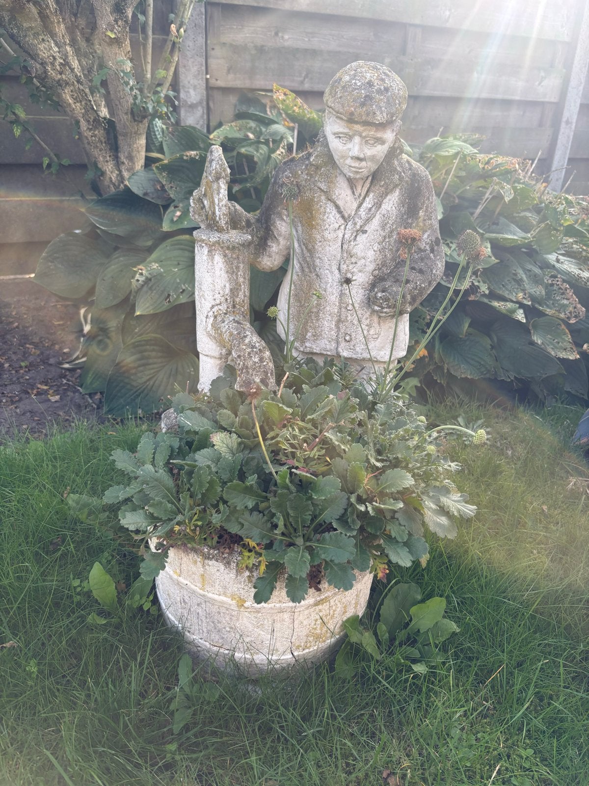 Twee betonnen tuinbeelden: jongen met plantenbak en twee kin, Tuin en Terras, Ophalen, Gebruikt, Beton, Mensenbeeld