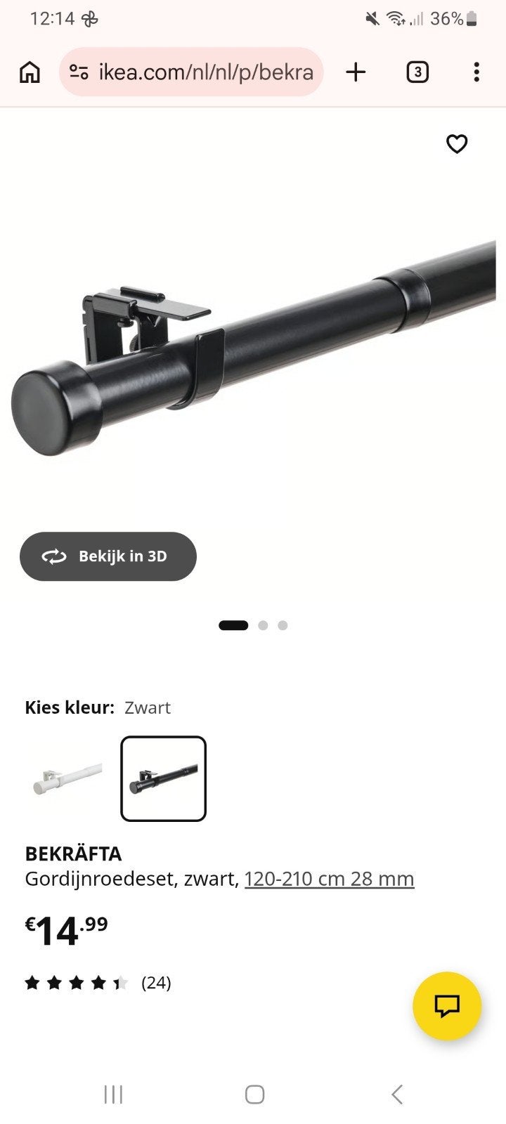 IKEA BEKRÄFTA Gordijnroedeset, zwart, 120-210 cm, Ophalen, Zwart, Nieuw, IKEA