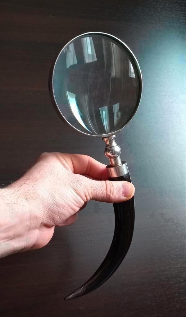 Oude grote verzilverde brons vergrootglas met hoorn handvat, Hobby en Vrije tijd, Vergrootglazen, Loepen en Loeplampen, Ophalen of Verzenden
