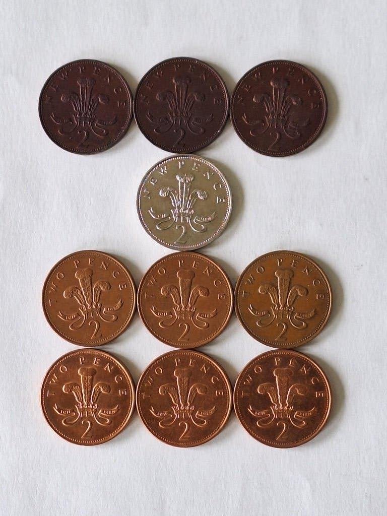 10 munten Engeland 2 (new) pence 1971-2001, Ophalen of Verzenden, Overige landen, Losse munt