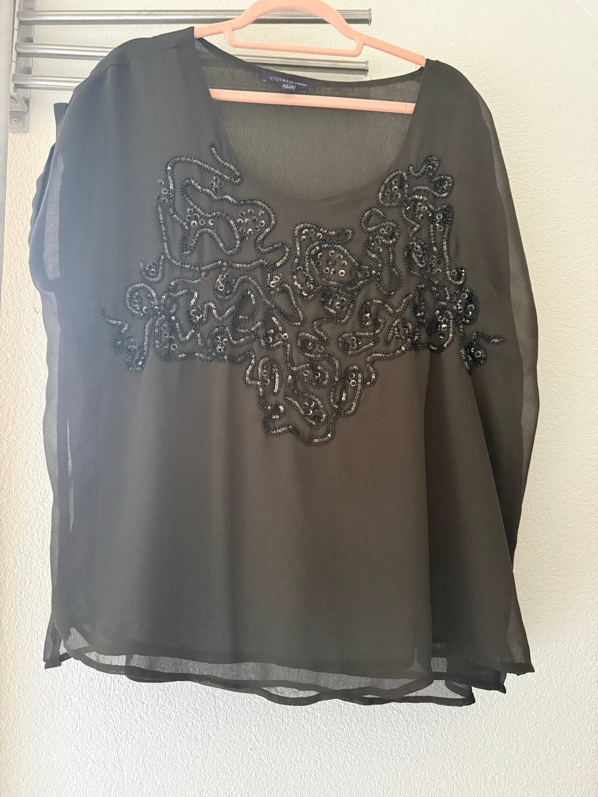 Violeta by Mango khaki top met pailletten en kraaltjes XXL, Violeta by Mango, Maat 46/48 (XL) of groter, Ophalen of Verzenden