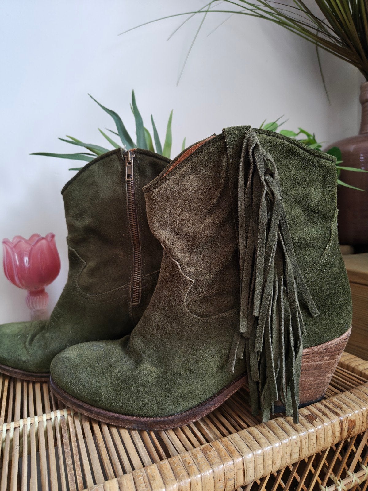 groen suede laarzen maat 41 met franjes, Ophalen of Verzenden, Zo goed als nieuw, Groen, Lage of Enkellaarzen