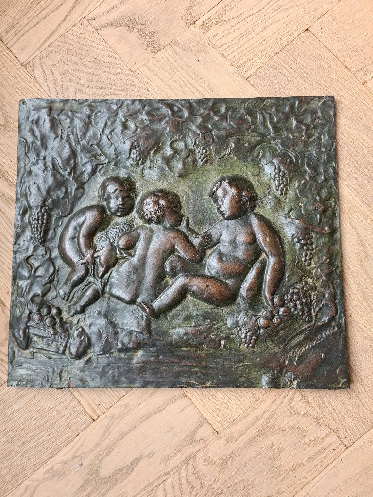 Antieke Gegoten Bronzen Plaquette Spelende Putti | 34x31 cm, Ophalen of Verzenden, Brons