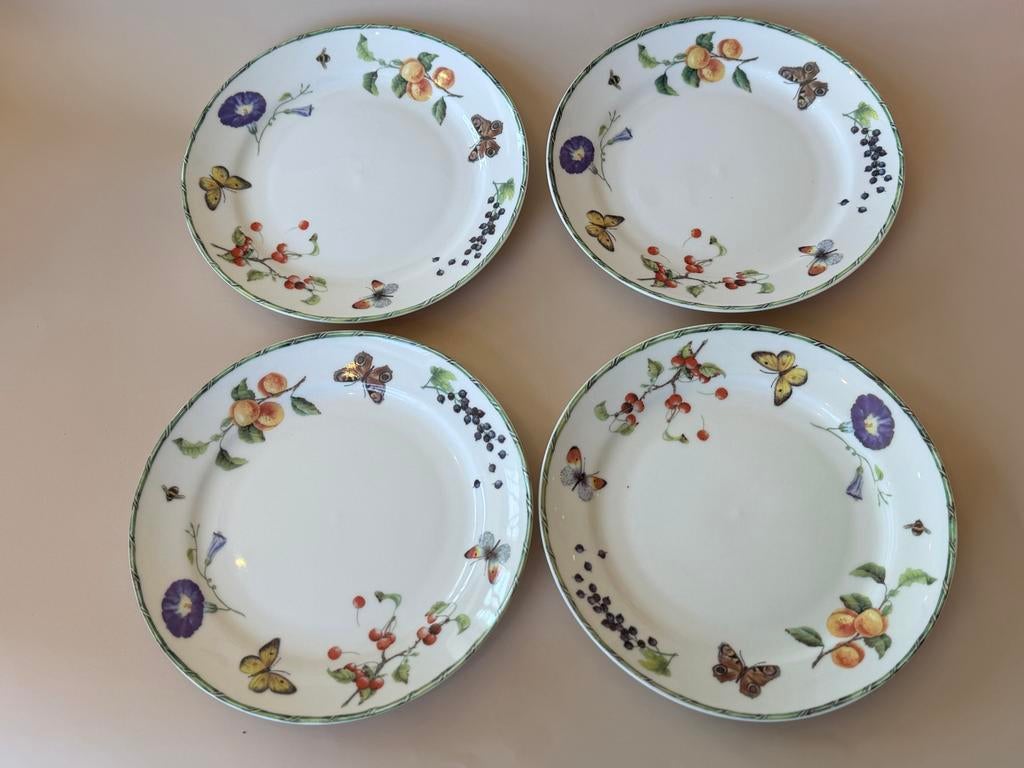 4 Janneke Brinkman-Salentijn Fruit & Flowers gebaksbordjes, Gebruikt, Ophalen of Verzenden, Bord(en), Overige stijlen