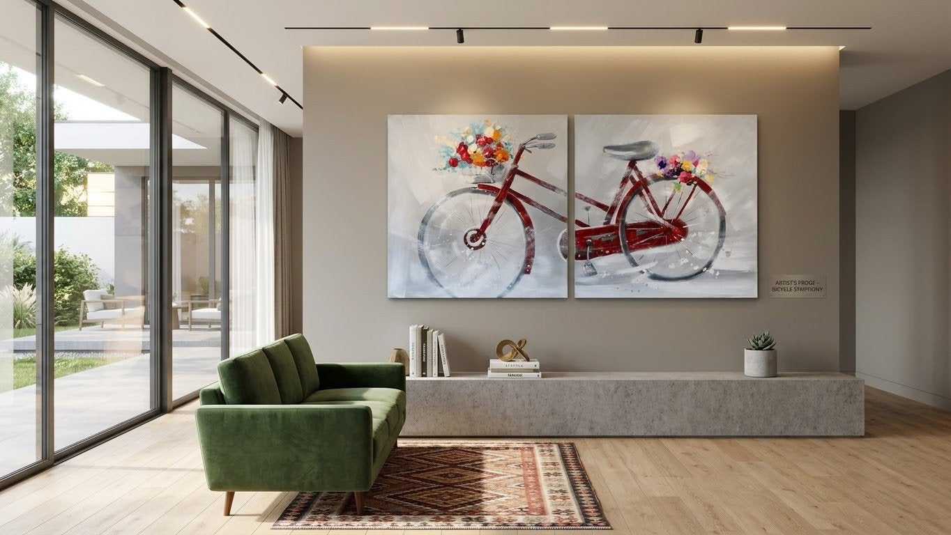 Decoratief schilderij: Fiets met bloemen (2-delig), Ophalen, Handgeschilderd, Olieverf, Bloemen