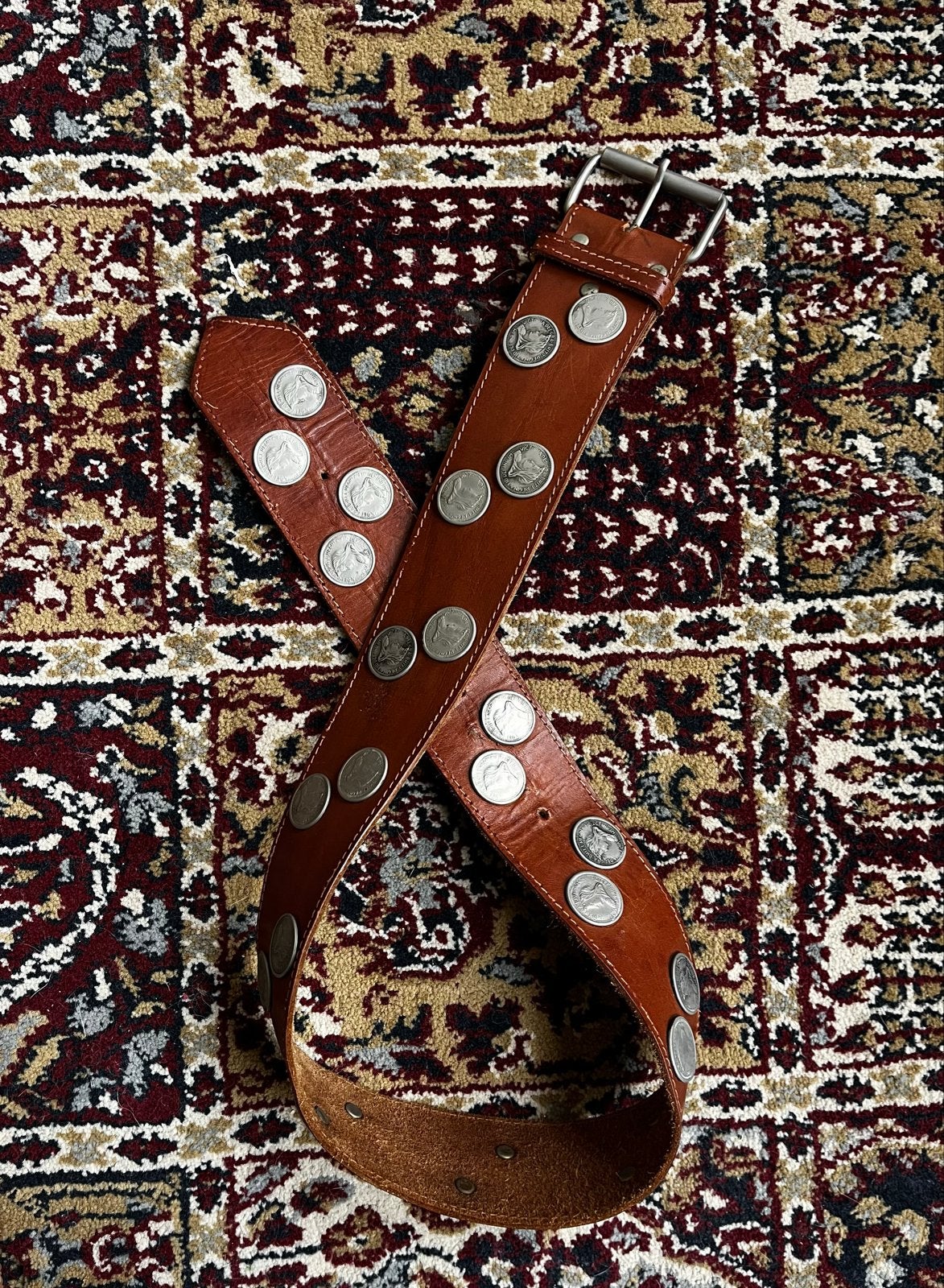 Western Vintage Leren Riem met Zilveren Munten - 86 cm, 80 tot 90 cm, Echt leder, Heupriem, Ophalen of Verzenden