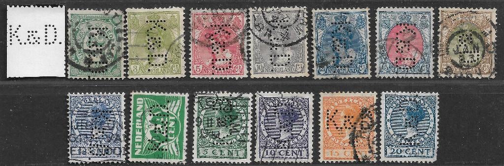 Perfins Nederland  - - -  13  zegels met Perfin  K&D, Verzenden, T/m 1940, Gestempeld