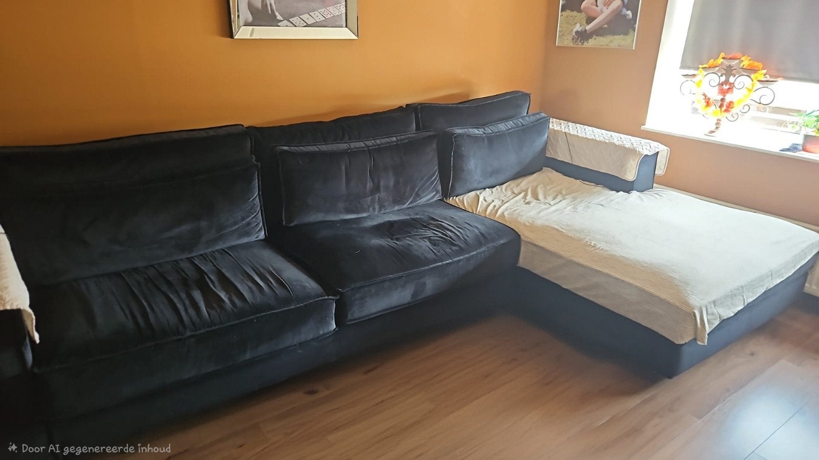 Zwarte velvet bank 3,5 meter breed - Zo goed als nieuw, Huis en Inrichting, Ophalen, 100 tot 125 cm, Hoekbank, 300 cm of meer