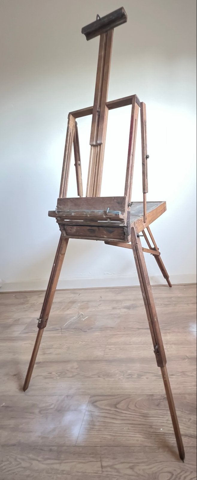 Antieke houten schildersezel met opbergvakken, Hobby en Vrije tijd, Schilderen, Ophalen of Verzenden, Gebruikt, Ezel